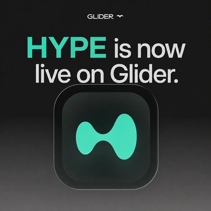 A promotional graphic announcing 'HYPE is now live on Glider' with the Glider logo and a teal-colored app icon.