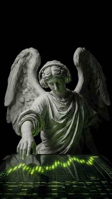 A classical winged angel statue wearing headphones reaches toward a glowing green digital audio waveform against a black background.