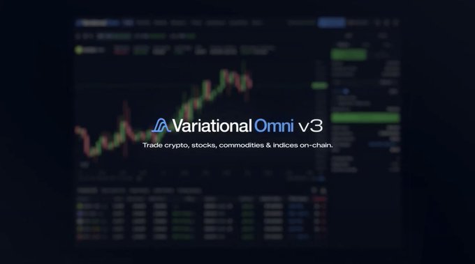 A logo for "Variational Omni v3" with the tagline "Trade crypto, stocks, commodities & indices on-chain." over a blurred background of a trading chart.