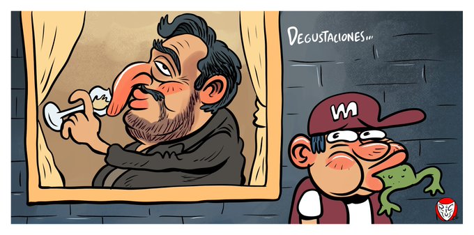 A caricature shows a man on a poster labeled "DEGUSTACIONES..." holding a spoon with food, while a person wearing an "M" cap stands next to it with a piece of the poster character visible in their mouth, appearing to have taken a bite. The accompanying post praises the satirical artwork by @monerorictus, highlighting its sharp commentary on Venezuela.