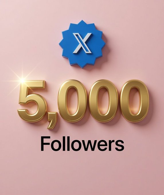 A graphic celebrating '5,000 Followers' on X (formerly Twitter), featuring a blue verified badge above gold 3D numerals on a pink background.