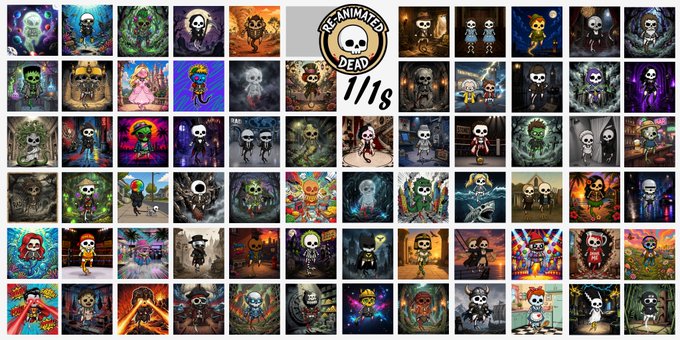 A grid of NFT artwork thumbnails with a 'Re-animated Dead 1/1s' badge in the center.