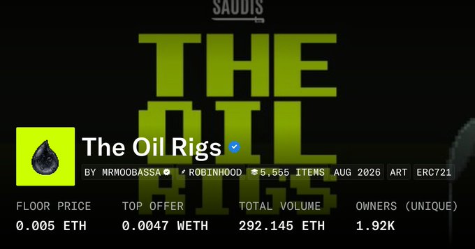 OpenSea NFT listing for 'The Oil Rigs' by MRMOOBASSA, showing a floor price of 0.005 ETH, top offer of 0.0047 WETH, total volume of 292.145 ETH, and 1.92K unique owners.