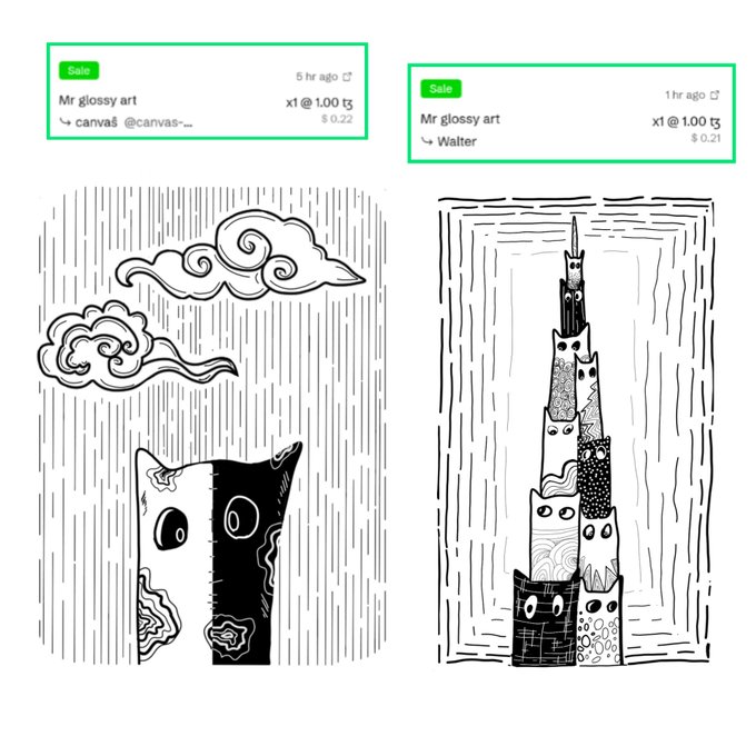 Two black-and-white illustrated cat artworks displayed as NFT sales on a marketplace, each marked with a green 'Sale' tag: 'Mr glossy art x1 @ 1.00' for canvas and Walter versions.