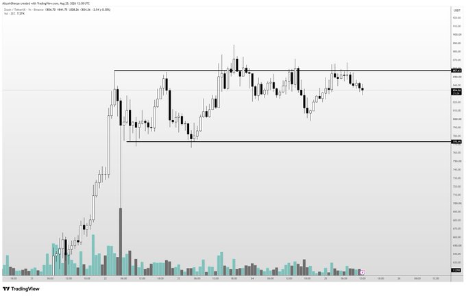 A TradingView candlestick chart of Zcash (ZEC/USD) on Binance shows the price consolidating between roughly $800 and $900, with the author noting their expectation of a breakout toward $1,000 while cautioning that the range-bound action makes it better suited as a midterm swing trade than an active lower-timeframe play.