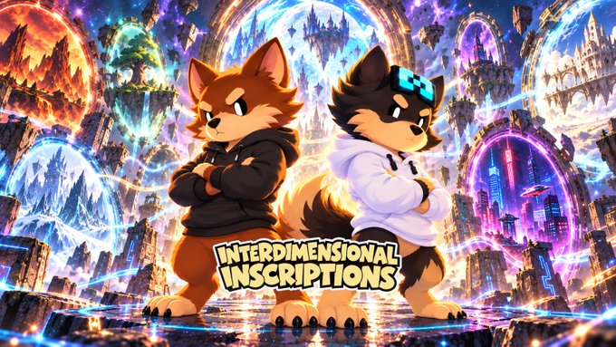 Vibrant digital artwork titled 'INTERDIMENSIONAL INSCRIPTIONS' featuring two anthropomorphic canine characters in hoodies posing in front of glowing magical portals leading to different fantasy worlds.