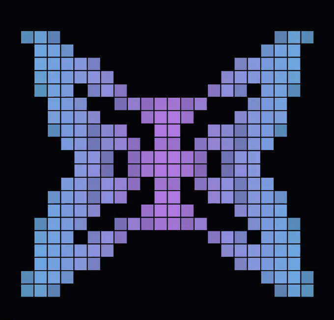 A symmetrical pixel art design in purple and blue hues on a black background.