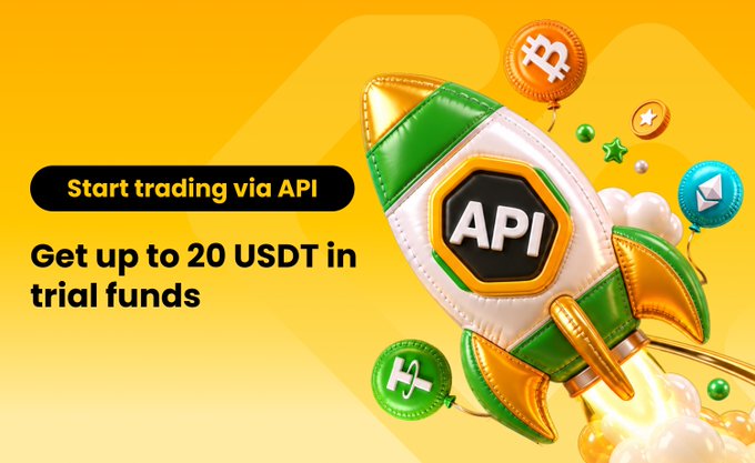 A 3D-style promotional graphic on a yellow background features a green and white rocket emblazoned with "API" taking off alongside text reading "Start trading via API" and "Get up to 20 USDT in trial funds," with floating cryptocurrency coins (Bitcoin, Ethereum, etc.) illustrating the API trading campaign.