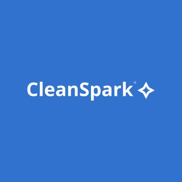 The image displays the CleanSpark logo in white text accompanied by a small sparkle icon on a solid blue background, visually reinforcing the company's brand identity mentioned in the post about their July mining performance of 586 BTC and 50 EH/s operational hashrate.