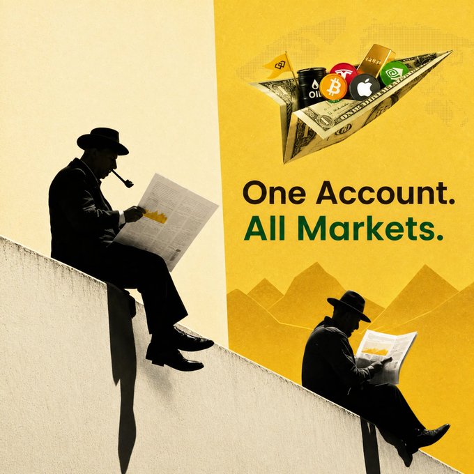 A promotional advertisement featuring silhouettes of men reading newspapers alongside text reading 'One Account. All Markets.' with images representing crypto, oil, stocks, forex, and Apple.