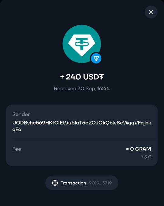 A mobile wallet confirmation screen showing a Tether (USDT) cryptocurrency receipt of '+ 240 USDT' received on 30 Sep, 16:44, with a sender address, and fees of approximately 0 GRAM / $0.
