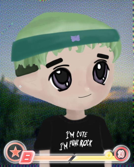 An anime-style character with green hair and a green headband wears a black shirt reading 'I'M CUTE I'M PUNK ROCK' at the bottom of what appears to be a rhythm game screen.