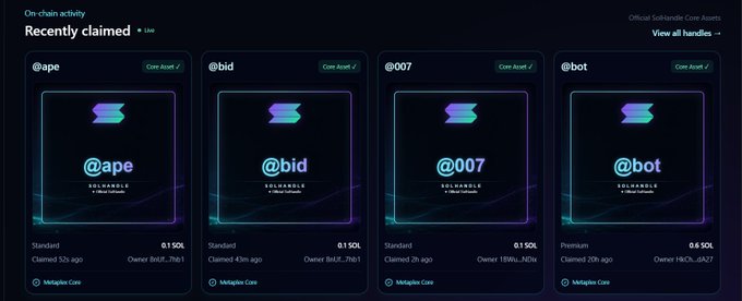 A dark-themed digital interface displays 'On-chain activity' and 'Recently claimed' featuring Solvable Core Assets with handles @ape, @bid, @007, and @bot, each priced at 0.1 SOL.