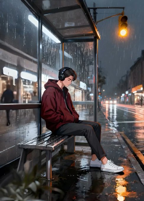 An anime-style illustration of a young man in a red hoodie listening to music on headphones while sitting alone at a rainy bus stop at night.
