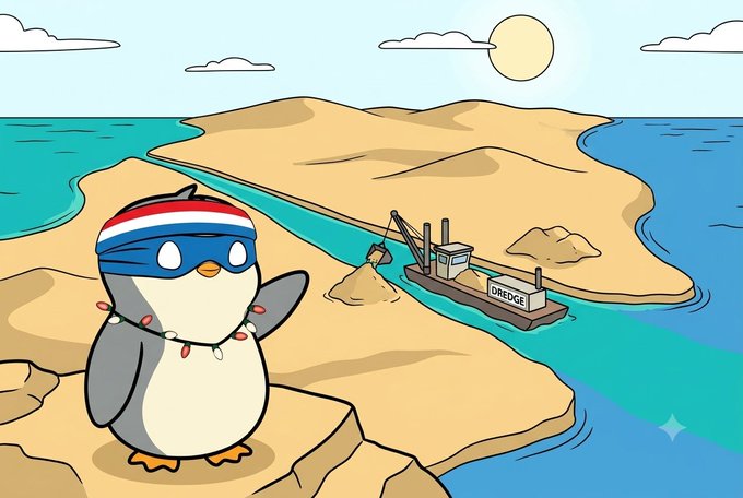 A cartoon illustration depicts a penguin wearing a red, white, and blue headband with a gold chain standing on a sandy shore, watching a "DREDGE" boat work in the water.