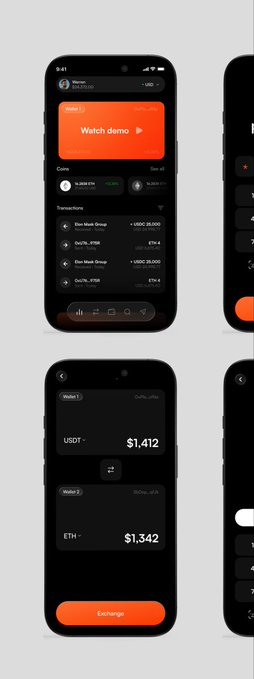 Mobile phone mockups displaying a crypto exchange app interface showing USDT at $1,412 and ETH at $1,342 with an orange 'Exchange' button and 'Watch demo' feature.