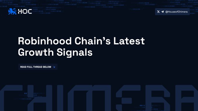 A banner for House of Chimera (@HouseofChimera) announcing 'Robinhood Chain's Latest Growth Signals' with a 'READ FULL THREAD BELOW' button.