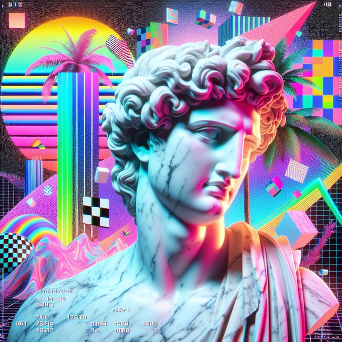 A vibrant vaporwave-style digital artwork featuring a marble classical bust statue in the center, surrounded by neon colors, geometric shapes, palm trees, a sunset, and glitch text elements.
