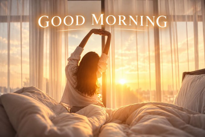 A silhouette of a woman stretches her arms upward while sitting on a bed in front of a large window, with a warm sunrise view and the glowing text 'GOOD MORNING' overlaid.
