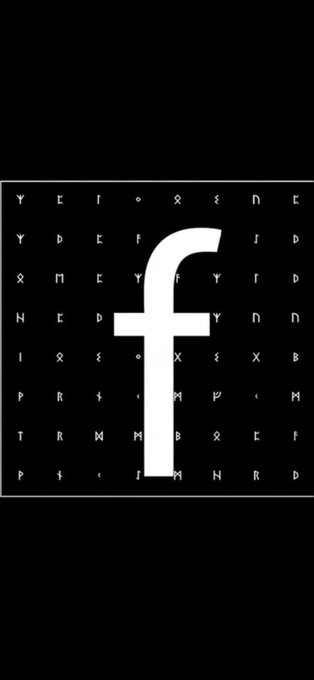 A stylized graphic featuring a large white Facebook 'f' logo against a black background filled with scattered white letters.