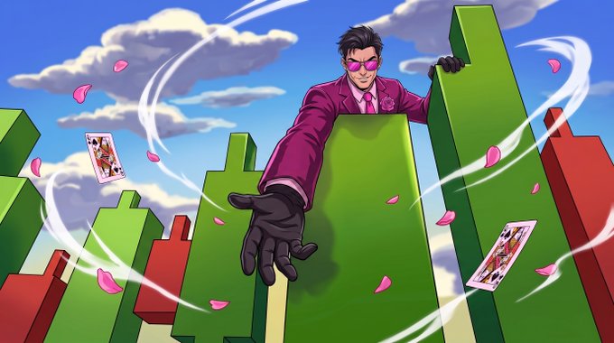 An anime-style illustration of a man wearing a magenta suit and pink sunglasses reaching out while standing behind large green 3D bar graph elements, with playing cards and rose petals swirling around him.