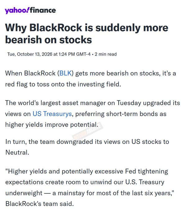 A Yahoo Finance article dated October 13, 2026, titled "Why BlackRock is suddenly more bearish on stocks," reports that BlackRock (BLK) downgraded its US stocks view to Neutral while upgrading US Treasuries, citing higher yields and Fed tightening expectations. The image supports the accompanying post's claim about BlackRock reducing equity exposure, though the article itself highlights the move into short-term Treasuries rather than specifically citing AI volatility or Bitcoin as a destination for that capital.
