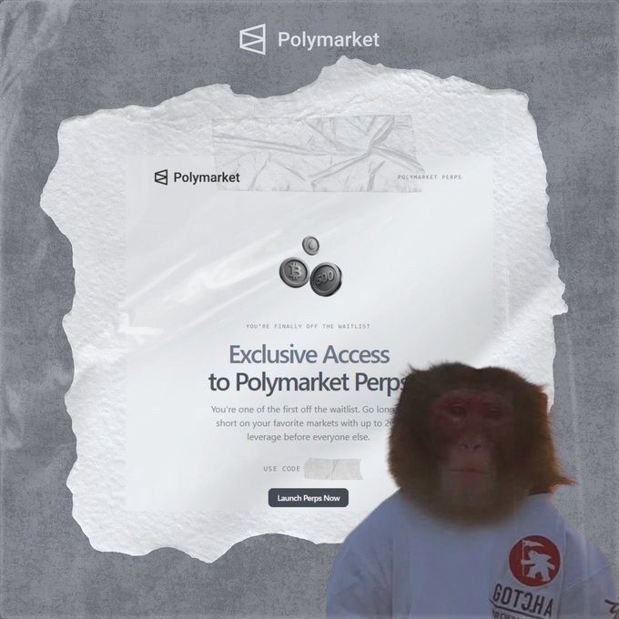 A monkey character wearing a 'GOTCHA' shirt overlaid on a crumpled 'Polymarket Perps' exclusive access waitlist page.