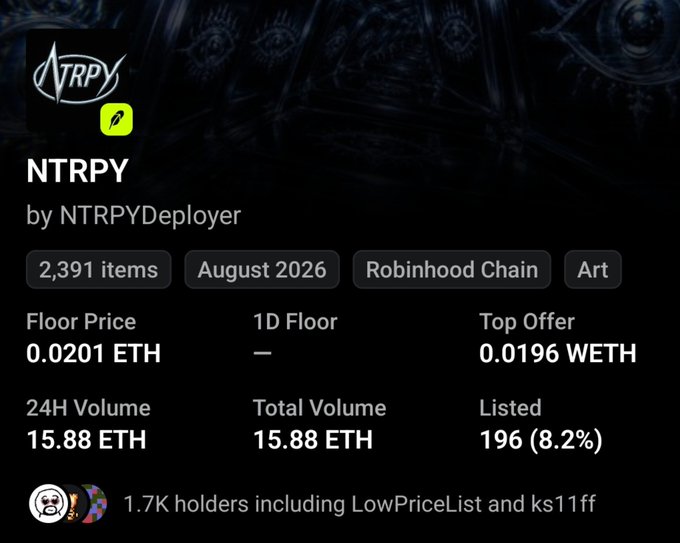 NFT collection page for NTRPY by NTRPYDeployer showing 2,391 items with a floor price of 0.0201 ETH and a top offer of 0.0196 WETH.