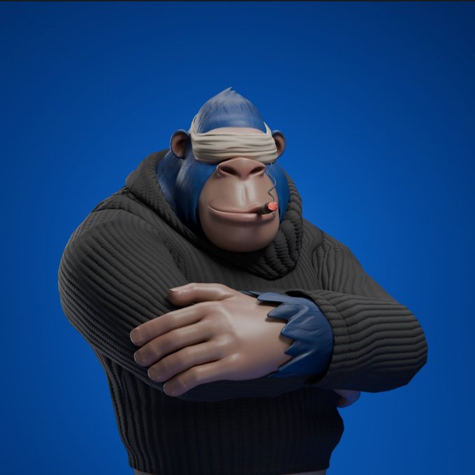 A 3D-rendered cartoonish blue chimpanzee character wearing a black ribbed sweater with arms crossed, sporting a bandage over its eyes and a small cigarette in its mouth against a solid blue background.