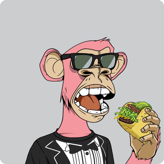 A cartoon illustration of a pink monkey in a black tuxedo and sunglasses, with its mouth wide open, holding a taco in one hand.