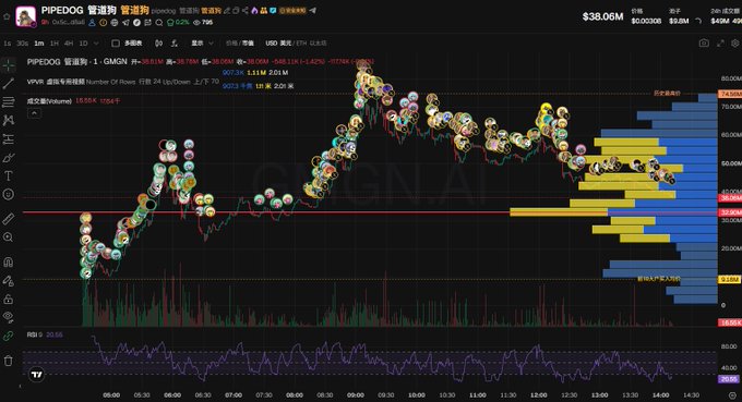 A Chinese-language cryptocurrency trading chart for PIPEDOG 管道狗 showing a price of $38.06, with cartoon dog avatar markers on the candlestick chart, RSI indicator, and volume data visible.