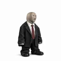 A 3D rendered figure of a bald man wearing an oversized black suit, white shirt, and red tie, standing against a plain white background.