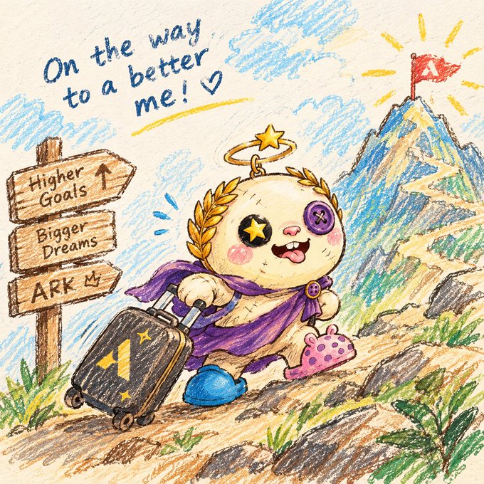 A colorful hand-drawn illustration of a cute voodoo-doll-like character with button eyes and a halo, pulling a suitcase up a mountain path toward a red flag, with a signpost reading 'Higher Goals, Bigger Dreams, ARK' and text 'On the way to a better me!'