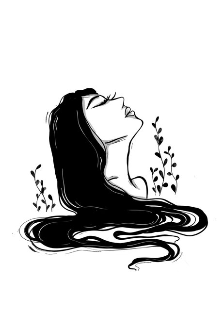 A black-and-white illustration of a woman with long flowing hair, her head tilted back, with stylized plants or branches surrounding her.