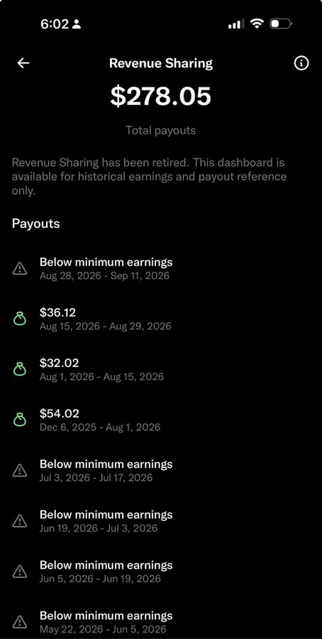 A mobile app screenshot displays a 'Revenue Sharing' dashboard showing total payouts of '$278.05', with a note that the program has been retired, alongside a list of historical payouts and 'Below minimum earnings' entries.
