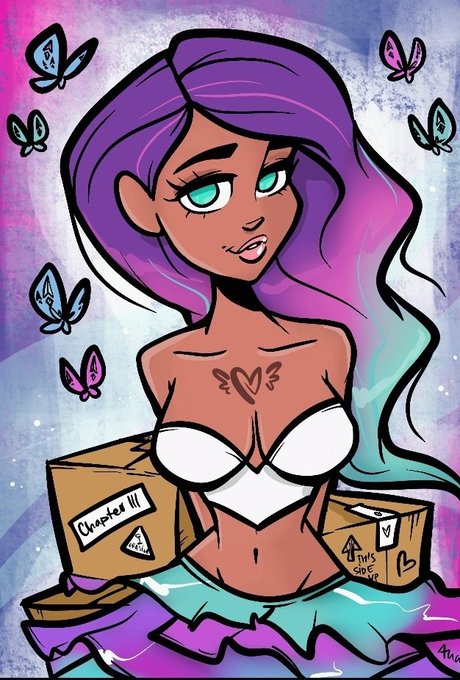 A colorful illustration depicts a stylized anime-style woman with flowing purple and teal hair, surrounded by butterflies, sitting behind two cardboard boxes labeled "Chopped" and "Fragile" with a "This Side Up" arrow. The artwork ties to the post as a gifted piece from @theinkedminkNFT, showcasing the vibrant NFT collection style being praised in the message.