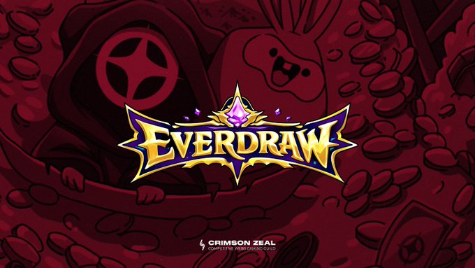 Promotional banner for "Everdraw" featuring the game's logo in gold and purple lettering over a red background with a hooded character and cartoon creature, alongside the "Crimson Zeal" branding for competitive Web3 esports. The graphic highlights the Everdraw TCG as a community partner for Crimson Zeal, showcasing the Season Zero Sneak Peek for the upcoming card game on Solana.