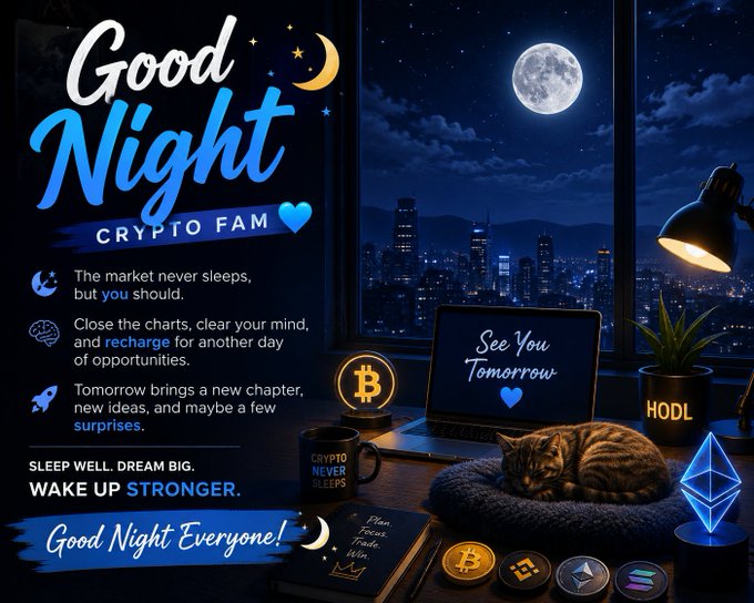A 'Good Night Crypto Fam' graphic features a nighttime cityscape view through a window, with a sleeping cat, cryptocurrency coins, a Bitcoin lamp, and motivational text including 'The market never sleeps, but you should' and 'HODL'.