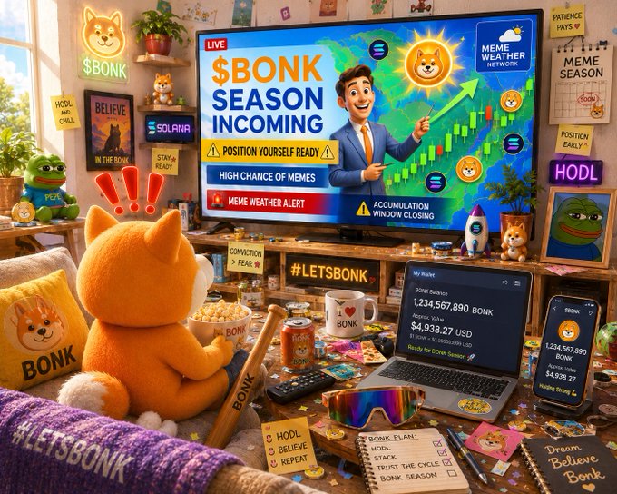 A vibrant, meme-style illustration shows an orange Shiba Inu plush watching a TV broadcast titled '$BONK SEASON INCOMING' with a news anchor, while a laptop displays a $BONK balance of 1,234,567,890 worth $4,938.27 USD, surrounded by '#LETSBONK' and 'HODL' signs.