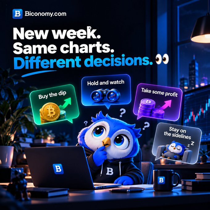 A promotional graphic for Biconomy.com featuring a blue cartoon owl thinking at a laptop, with the text 'Same charts. Different decisions' and four speech bubble options: 'Buy the dip,' 'Hold and watch,' 'Take some profit,' and 'Stay on the sidelines.'