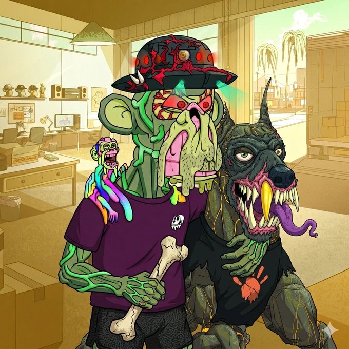 A vibrant cartoon illustration of a grotesque green zombie-like character wearing a black and red cap and purple skull t-shirt, holding a bone, accompanied by a smaller zombie on his shoulder and a fierce snarling dark dog beside him in a warehouse setting.