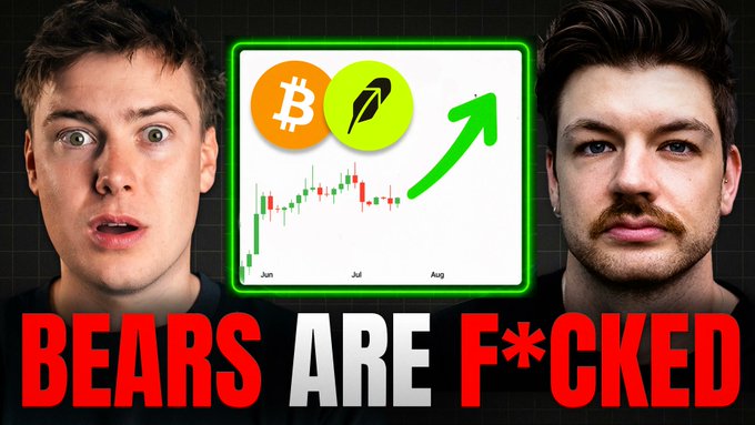 A YouTube thumbnail showing two men with shocked and serious expressions flanking a candlestick chart of Bitcoin (BTC) from June to August, with the bold red text "BEARS ARE F*CKED" overlaid, promoting a live stream with ParadiseXBT about top Robinhood coins, Bitcoin ($BTC), and altcoin entries.