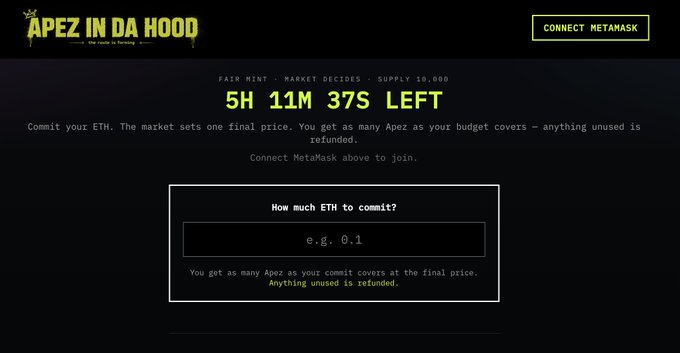 A screenshot of the "APEZ IN DA HOOD" fair mint webpage showing 5H 11M 37S left in the mint countdown, with 10,000 supply, and a field to commit ETH (e.g. 0.1) to participate in the market-decided pricing model.