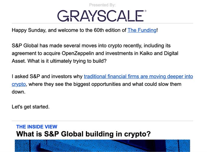 A newsletter introduction from Grayscale discussing S&P Global's recent moves into crypto, including acquisitions of OpenZeppelin and investments in Kaiko and Digital Asset, titled 'What is S&P Global building in crypto?'