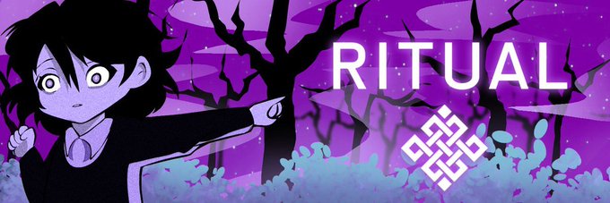 A stylized purple and blue illustration shows a wide-eyed anime character with dark hair pointing toward the word "RITUAL" displayed in large white letters, accompanied by a decorative geometric symbol and silhouettes of bare trees against a starry purple sky. The image serves as a banner promoting the Ritualmon application and the "Zegnaeth" card, as referenced in the accompanying post.