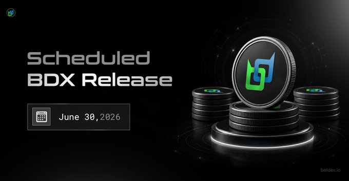 A digital graphic announces a 'Scheduled BDX Release' for June 30, 2026, featuring coins with a blue and green logo.