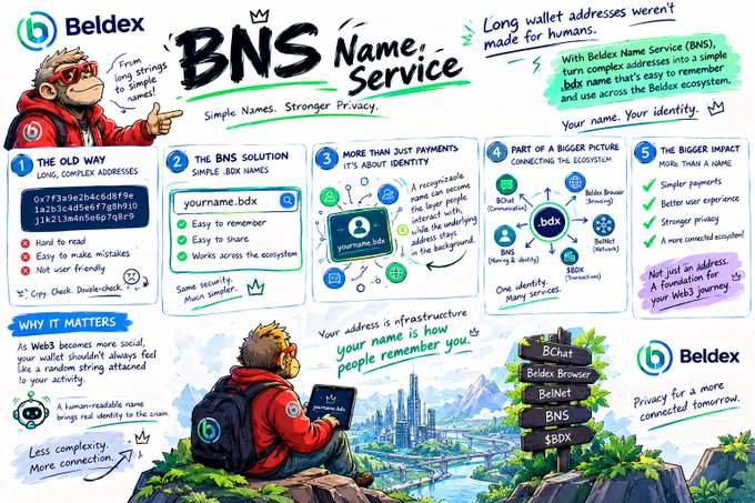 A promotional infographic from Beldex titled 'BNS Name Service' explaining how simple .bdx names replace complex wallet addresses, illustrated with a cartoon character and sections covering The Old Way, The BNS Solution, identity features, and ecosystem integration.