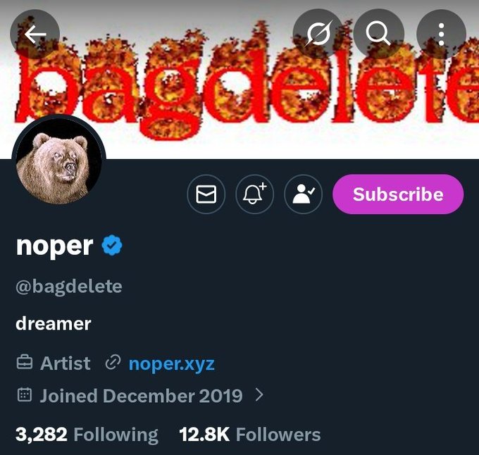 The image features a Twitter profile of a person named @bagdeletee who is an artist from Florida. The profile includes a link to their website where they showcase their unique blend of art, video, and AI. The post also mentions that Noper has been featured in various cities around the world.