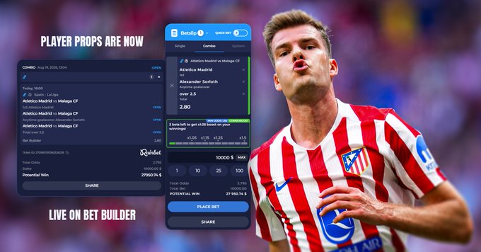 The image promotes Rainbet's new Player Props feature, displaying a Bet Builder interface with a combo bet on an Atlético Madrid vs. Málaga CF match featuring Atlético Madrid, Alexander Sørloth, and various odds like "+1,1,5" and "2.80," alongside a player in an Atlético Madrid jersey celebrating. The advertisement highlights the live Bet Builder tool with text reading "PLAYER PROPS ARE NOW LIVE ON BET BUILDER," emphasizing its game-changing addition to the platform.