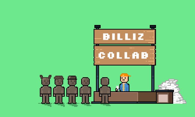 A pixel art scene shows a line of diverse characters waiting at a "BILLIZ COLLAB" stand, where a vendor wearing a yellow cap is helping customers, alongside a stack of papers. The image visually represents the post's announcement of an open collaboration opportunity, inviting people to DM or contact @jayjaynft4 for guaranteed whitelist (GTD WL) spots.
